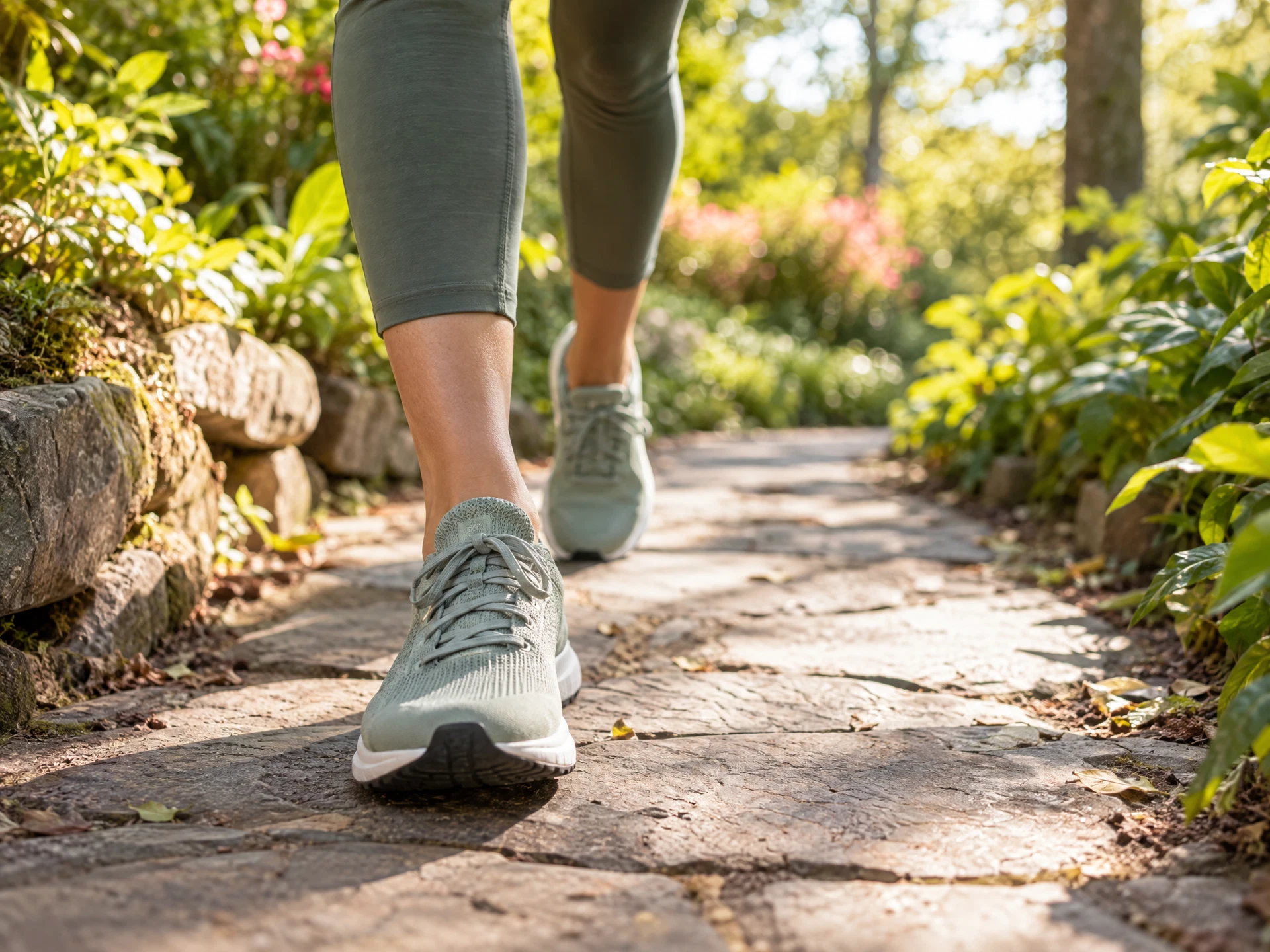 Woman walking on a leafy path