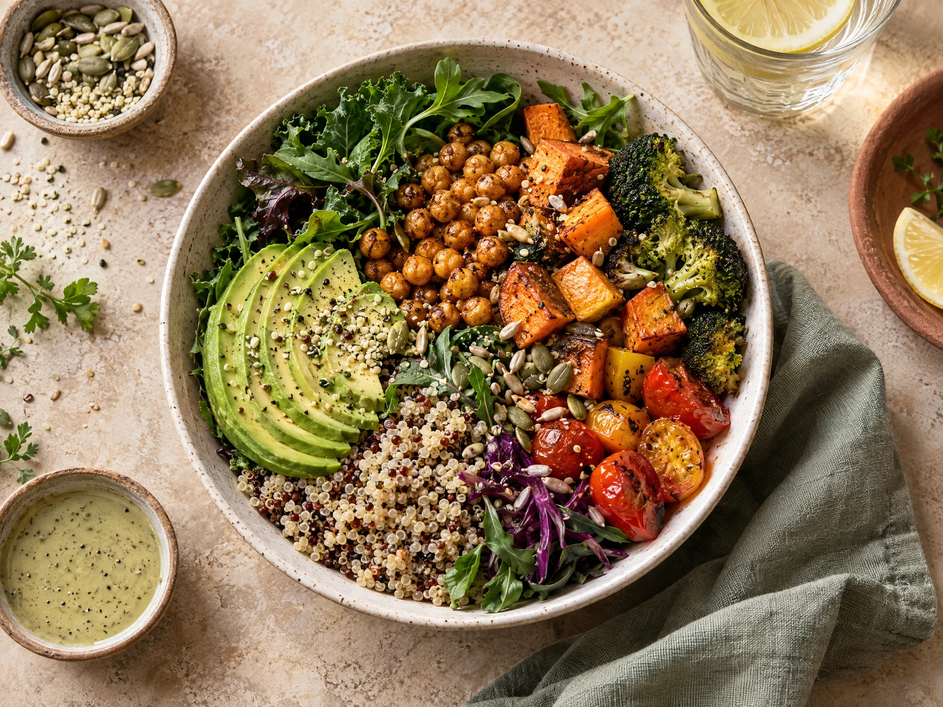 Balanced grain bowl with leafy greens and roasted vegetables